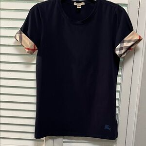 Burberry Dark Navy Women’s T-Shirt with Plaid Cuffs size Small
